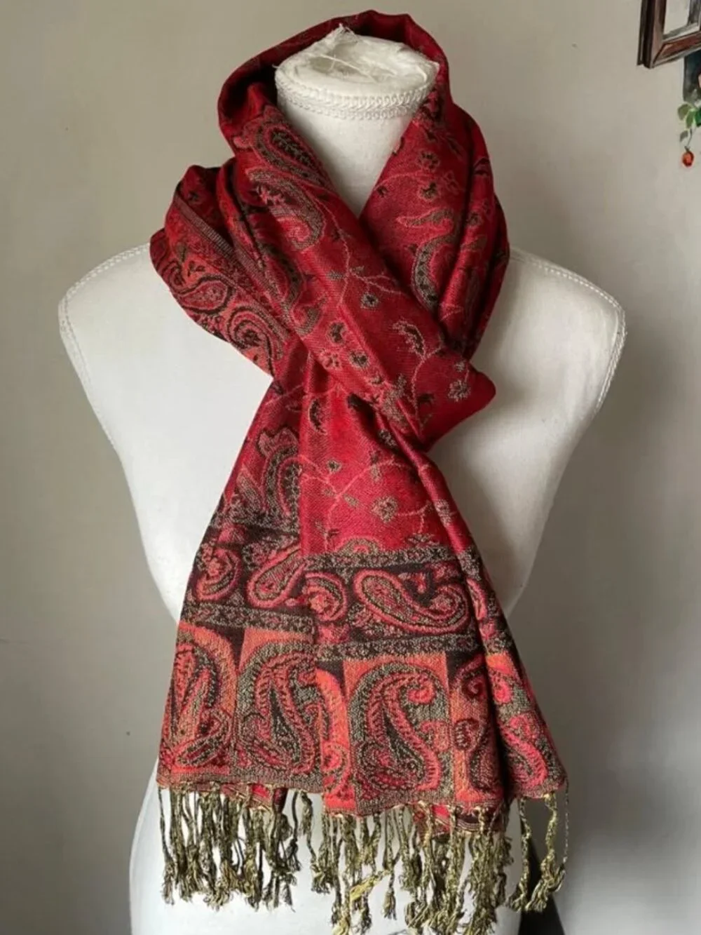 Red Paisley Pashmina Scarf for women , Festival shawl, Gift Rave, Bohemian